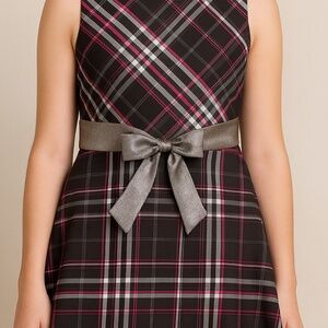 Chic Plaid Party Dress with Metallic Bow – Size 12